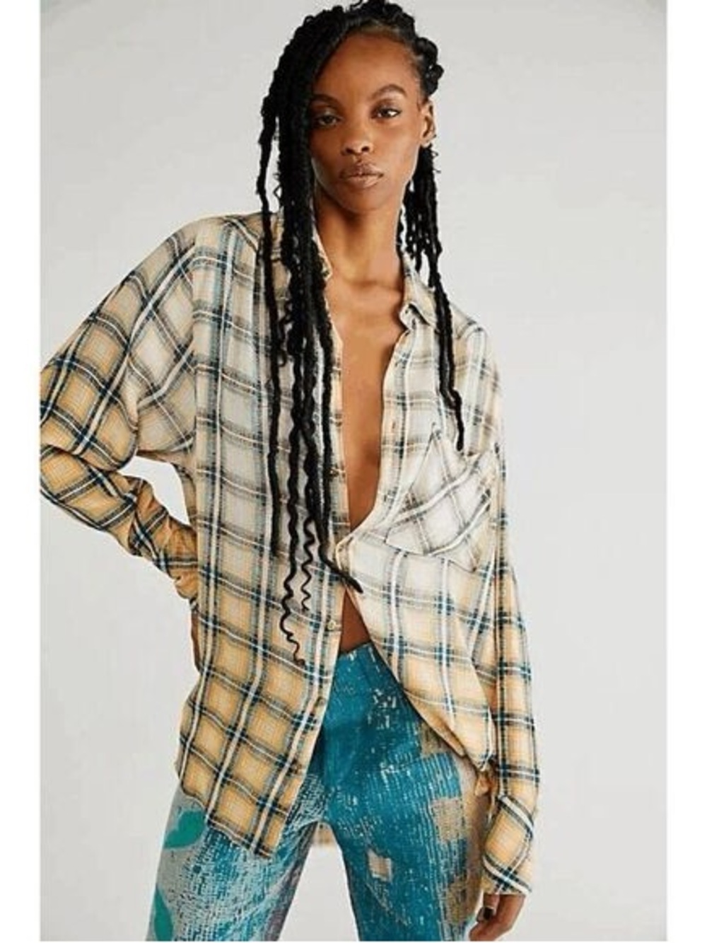 Free People Grunge Plaid Raw Hem Oversized Button Down Shirt Size M